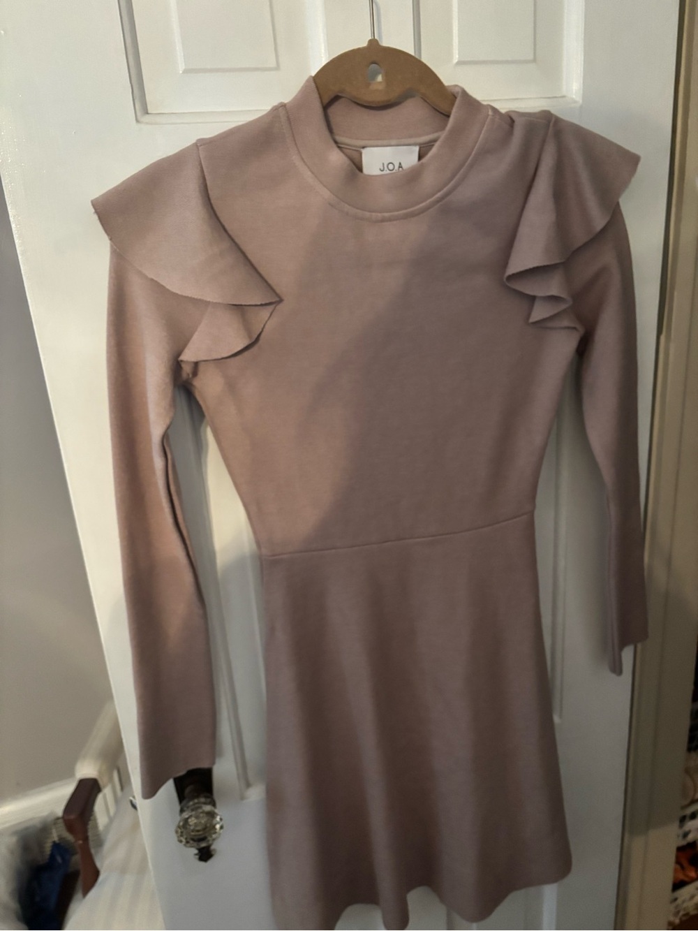 J.O.A. Dusty Mauve Ruffle Shoulder Knit Dress
